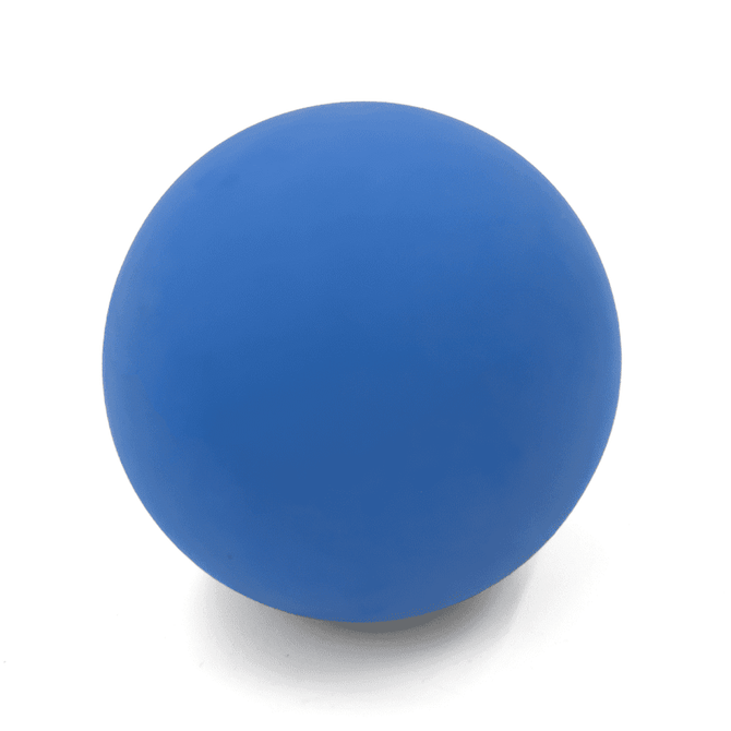 A blue high bounce ball with a smooth surface, featuring a logo on one side.