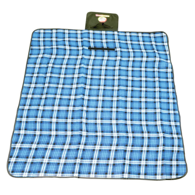 A blue and white checked picnic blanket with a dark green trim and a small attached pouch.