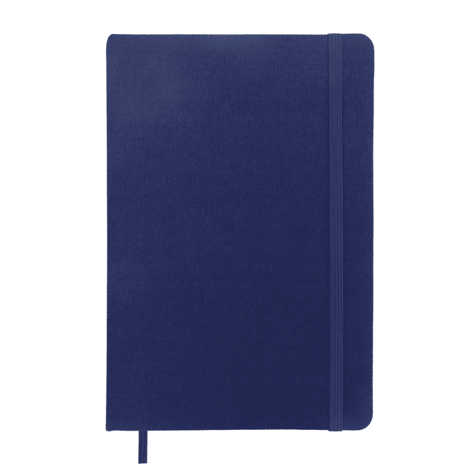 A navy blue A5 notebook with a textured cover and an attached elastic band. It features a logo on the front.