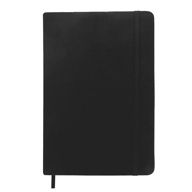 A black A5 notebook with a textured cover, featuring an elastic band and a ribbon marker.