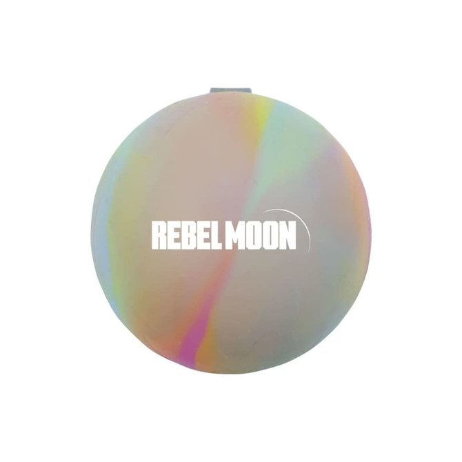 A round, multicoloured reusable water balloon, featuring a logo. The surface has an iridescent finish.