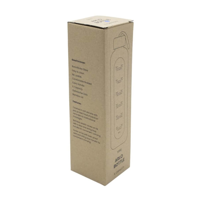 A drink bottle in a cardboard box, featuring a hand grip and a minimalist design, with a logo on the side.
