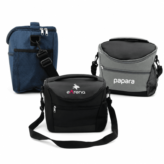 Three cooler bags in navy blue, black, and grey, each with adjustable straps and logos on the front.