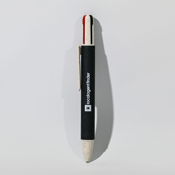 A black and white eco pen with a speckled design and a logo. It features a red and black writing tip.