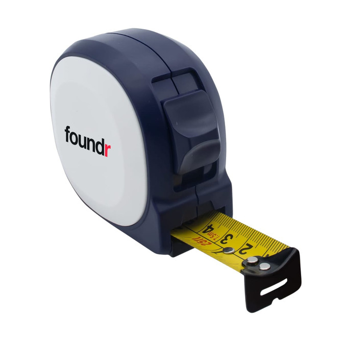 A navy and white tape measure with a yellow measuring tape, featuring a logo on the casing.