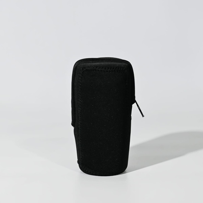 A black pouch with a zip closure, featuring a simple design and a logo.