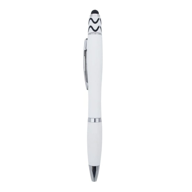 A white fidget pen with a stylus tip and chrome accents, featuring a logo on the body.