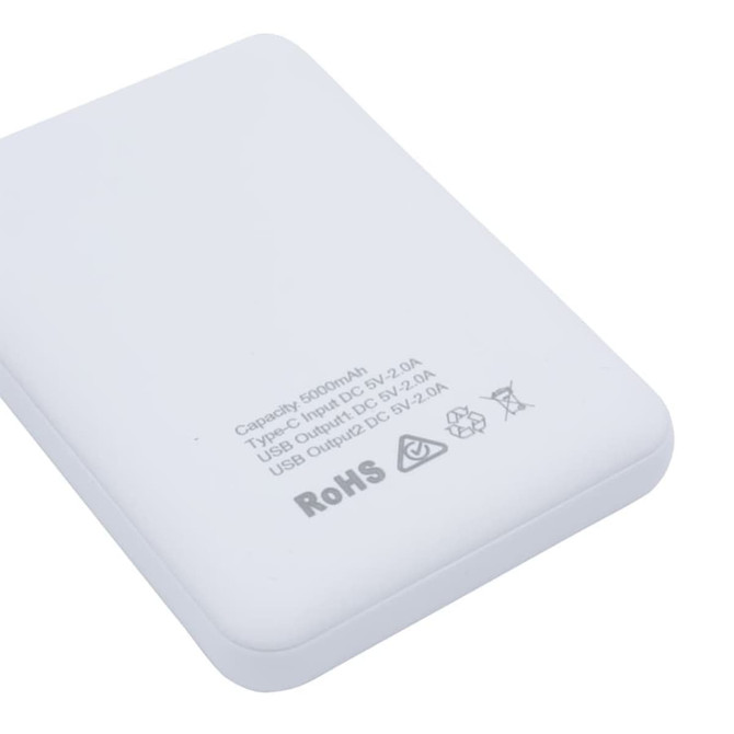 A white power bank with a capacity of 5000mAh, featuring a logo and specifications on the surface.