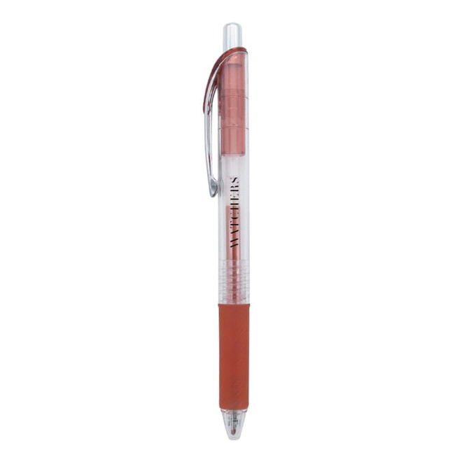 A gel ink pen with a transparent barrel, featuring a pink-red grip and a silver clip. It has a logo on the barrel.