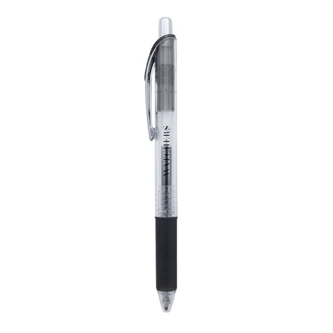 A gel ink pen in clear plastic, featuring a black grip and a transparent barrel with a logo.
