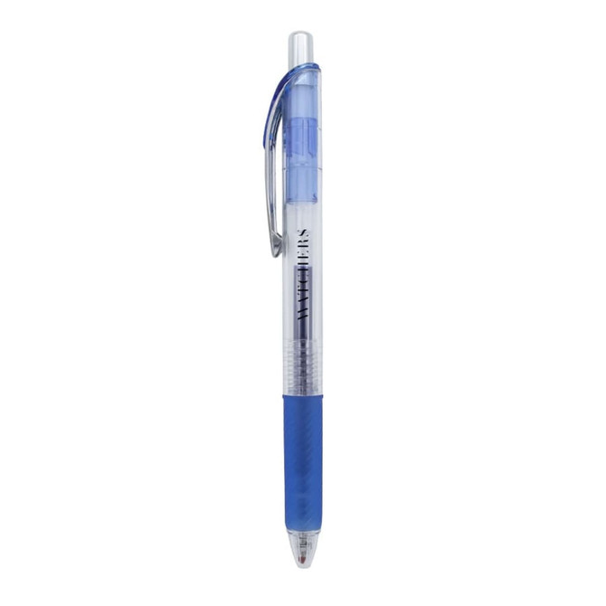 A colourful gel ink pen in blue with a clear barrel and a textured grip, featuring a logo on the side.