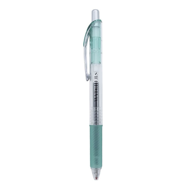A gel ink pen in mint green with a clear barrel and a textured grip. The pen features a clip and branding.