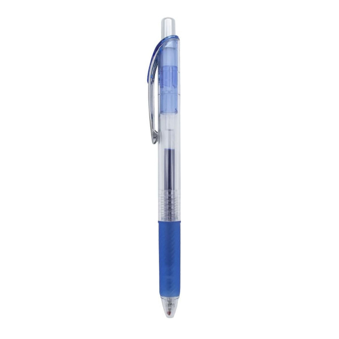 A blue gel ink pen with a transparent barrel and grip, featuring a silver clip and a smooth writing tip.