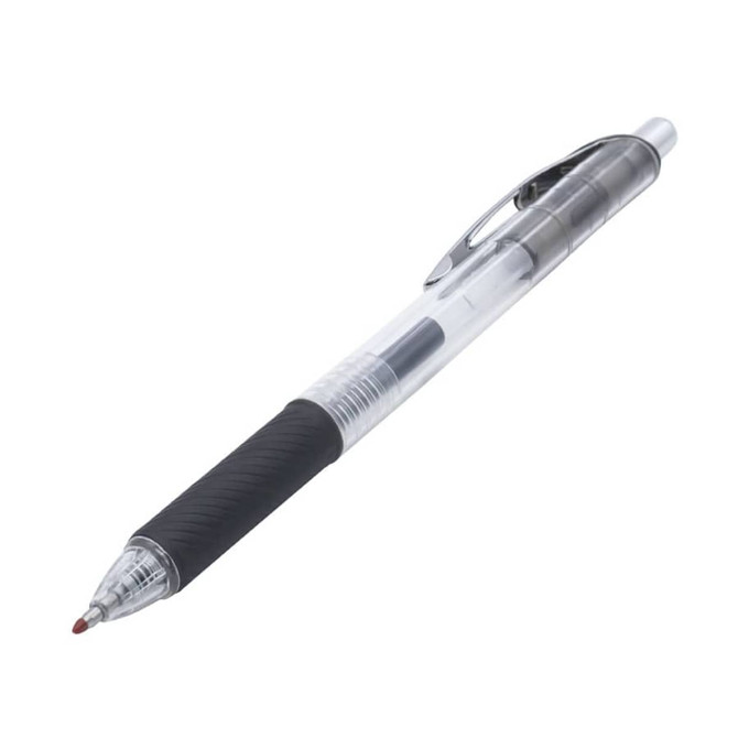 A transparent gel ink pen with a black grip and red ink tip, featuring a logo on the barrel.