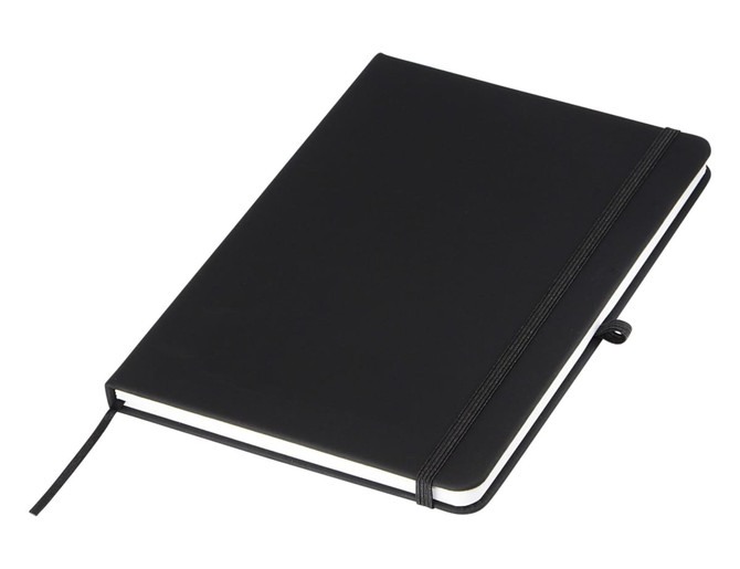 A black A5 notebook with an elastic closure and ribbon bookmark, featuring a simple design and branded logo.