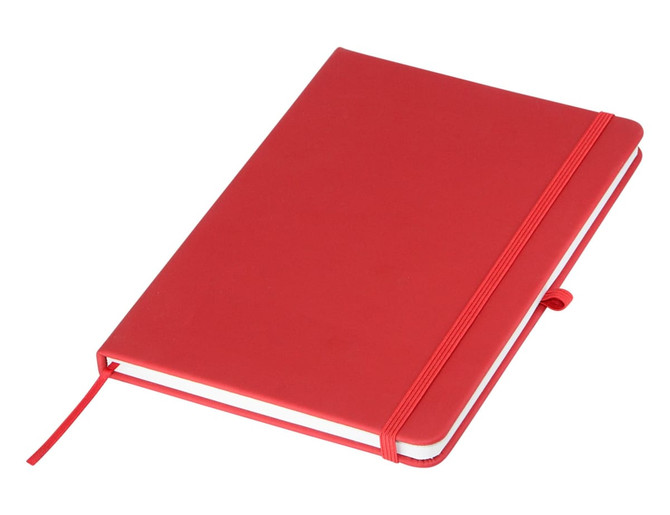 A red A5 notebook with a smooth cover, elastic band, and ribbon marker. It features a logo on the cover.