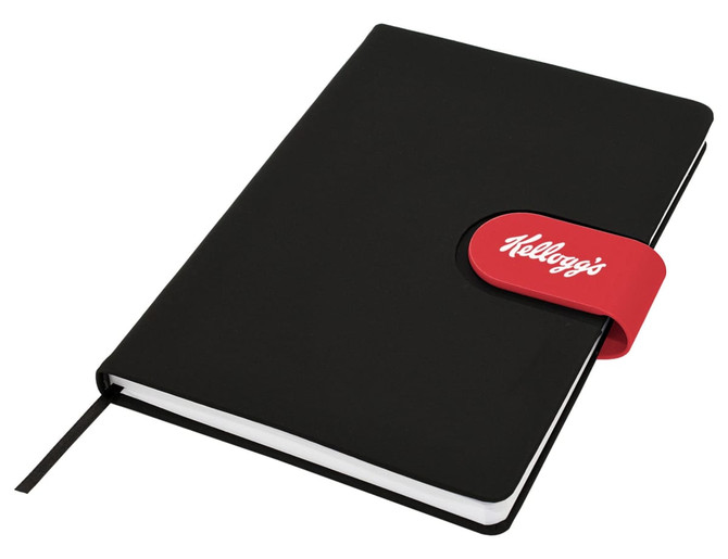A black A5 notebook with a red elastic band closure featuring a logo. Interior consists of blank pages.