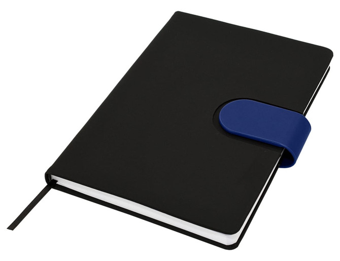 A black notebook with a blue elastic closure and a ribbon bookmark. It has a logo on the cover.