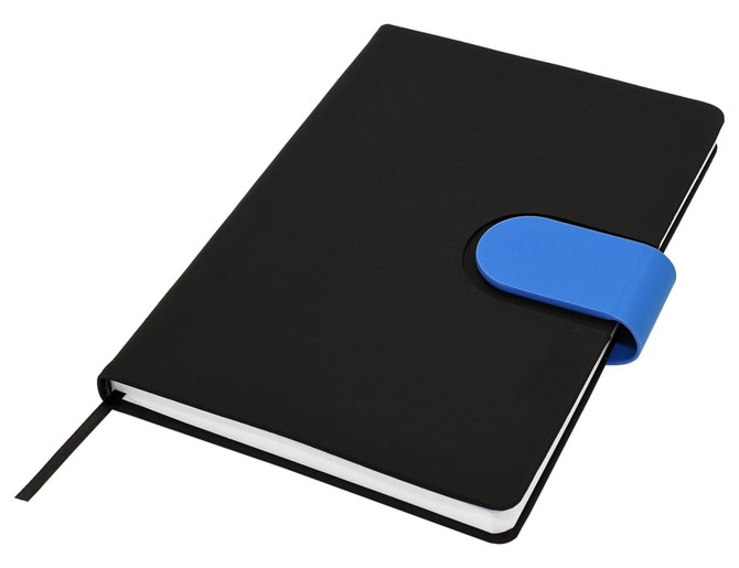 A black notebook with a blue elastic band closure and a ribbon bookmark. It features a logo on the cover.