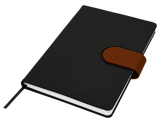 A black Cordoba A5 notebook with a brown closure strap and a ribbon bookmark. It features a logo.