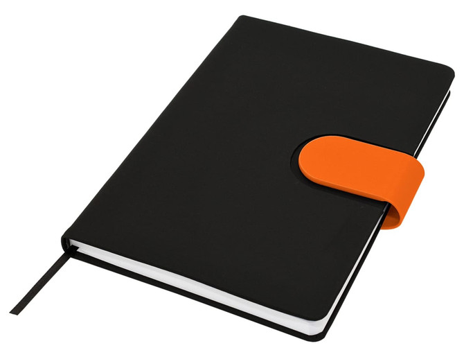 A black notebook with an orange closure, featuring a ribbon bookmark and a branding logo.