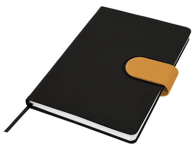 A black notebook with a mustard-yellow clasp, featuring a ribbon bookmark and a plain interior.