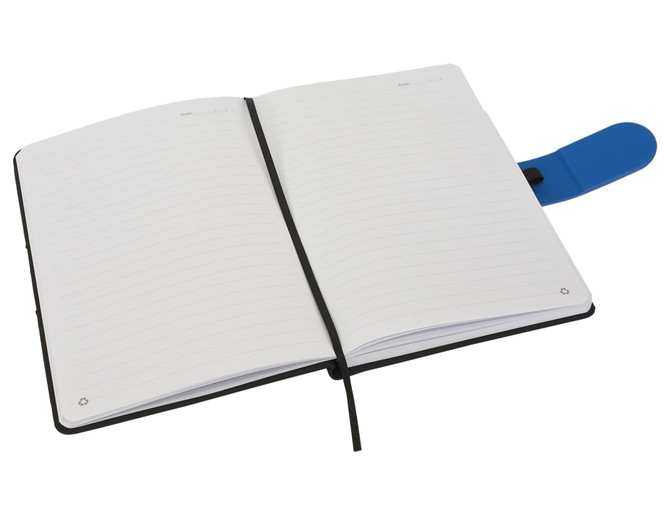 An open Cordoba A5 notebook with lined pages, featuring a black cover and a blue bookmark.