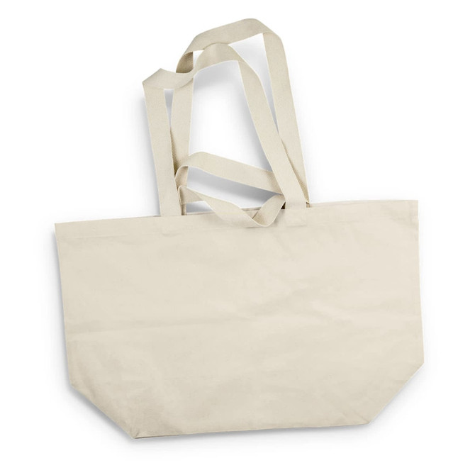 A large, beige tote bag with two long handles and a spacious interior. It features a simple design and has a logo.