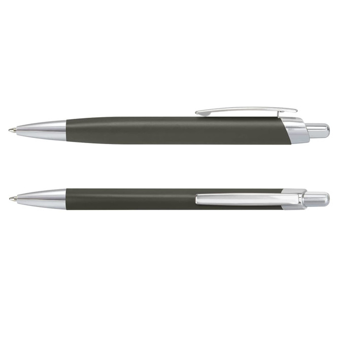 A pair of metal pens in a dark green finish with silver accents, featuring a sleek design and clip.