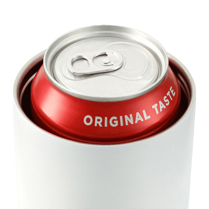 A drink bottle in white with a red can inside, featuring a pull tab and branding on the can.