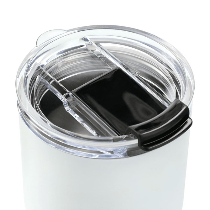 A drink bottle with a clear lid and black sliding closure, featuring a sleek white body. Includes a logo.