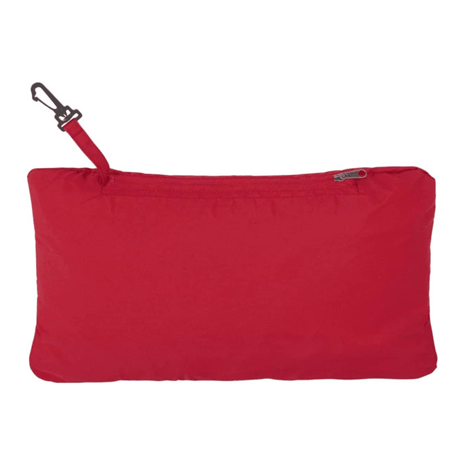 A red packable jacket neatly compressed into its own pouch, featuring a clip attachment and a logo.