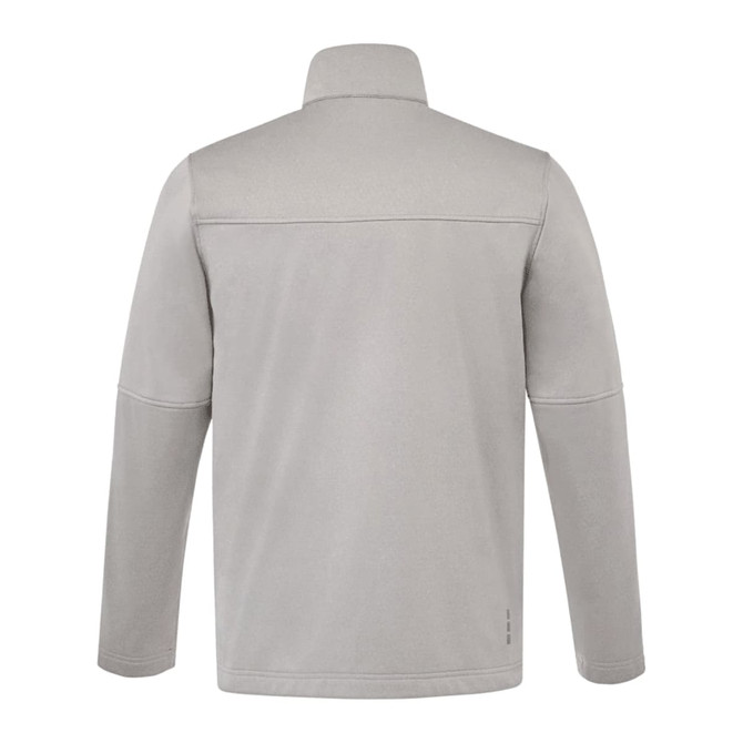 A grey men's softshell jacket with a high collar, featuring a smooth texture and a branded logo.