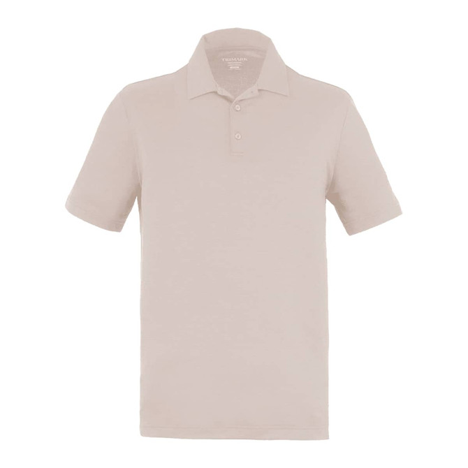 A men's eco-friendly polo shirt in a light beige colour, featuring a classic collar and button placket.
