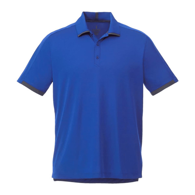 A blue short sleeve performance polo shirt with contrasting collar and sleeve details. It features a logo.