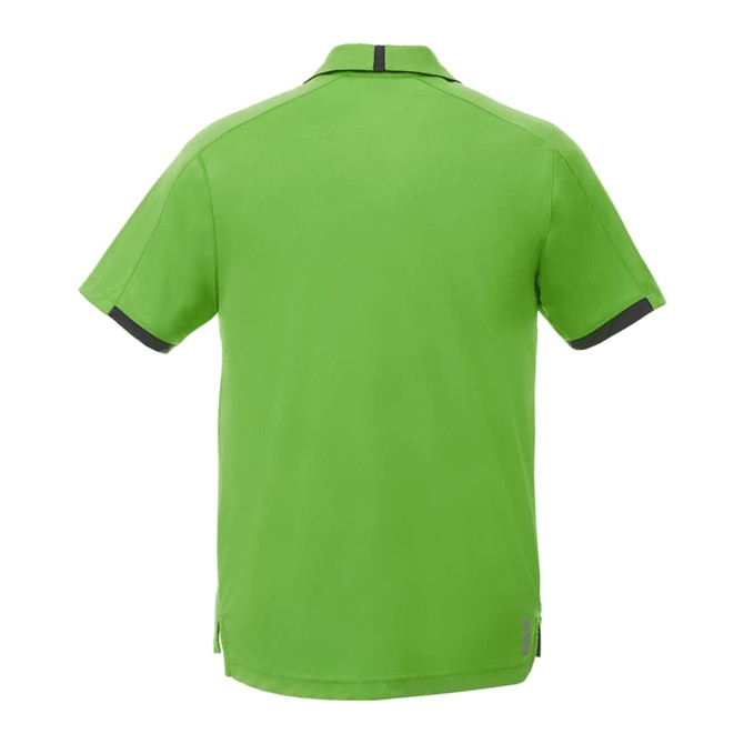 A green short sleeve performance polo shirt with a black trim and a logo on the back.