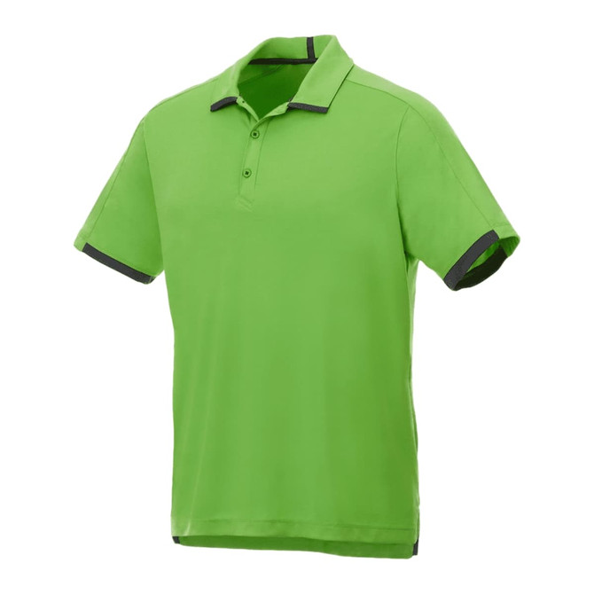 A bright green short sleeve polo shirt with contrasting dark trim and a logo on the chest.