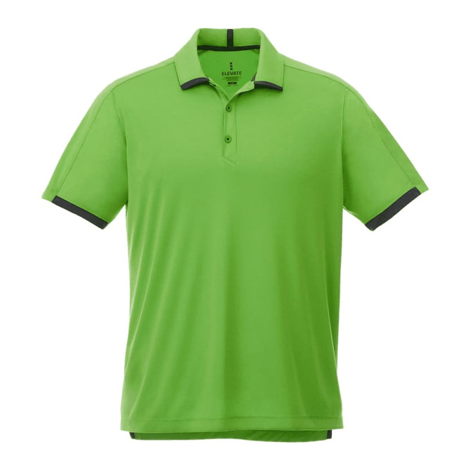 A green men's performance polo shirt with a collar and short sleeves, featuring a logo on the chest.