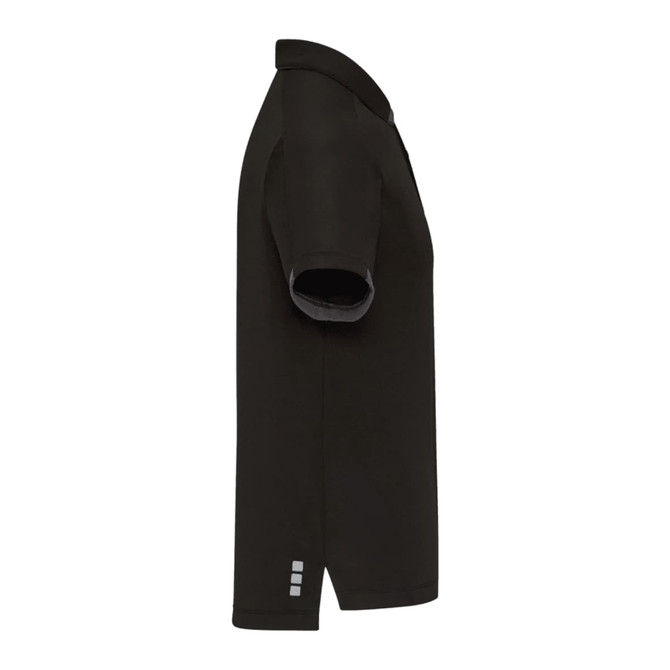 A black men's short sleeve performance polo shirt featuring a collar and a logo on the side.