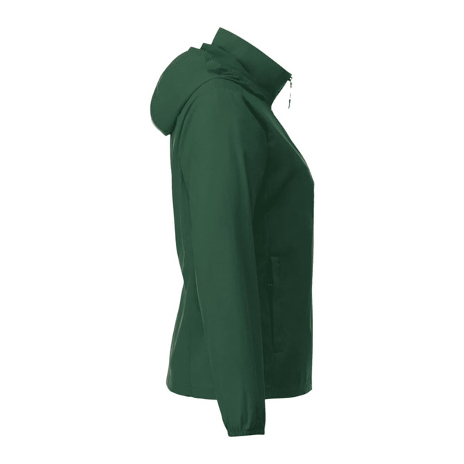 A green women's packable rain jacket with a hood and zippered front, featuring side pockets and a logo.
