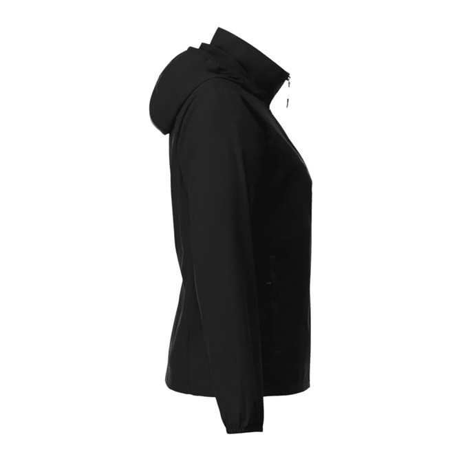 A black women's packable rain jacket with a hood, featuring a sleek, fitted design and a logo.