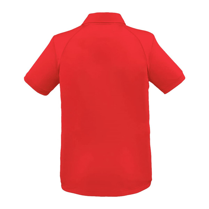 A red women's polo shirt with a classic collar and a logo on the back.