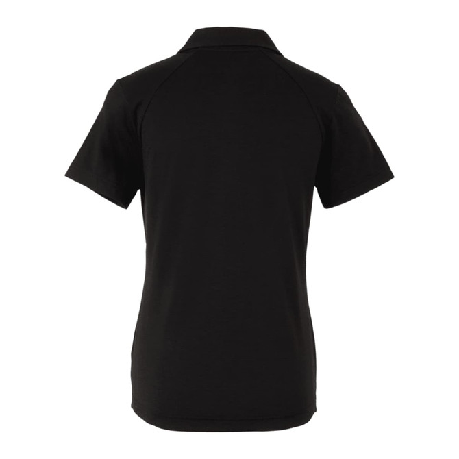 A black women's polo shirt with a classic collar and short sleeves, featuring a logo on the side.