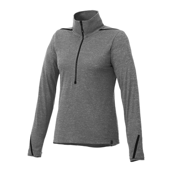 A grey women's half zip jumper with long sleeves and a zippered collar. Features a branding logo.