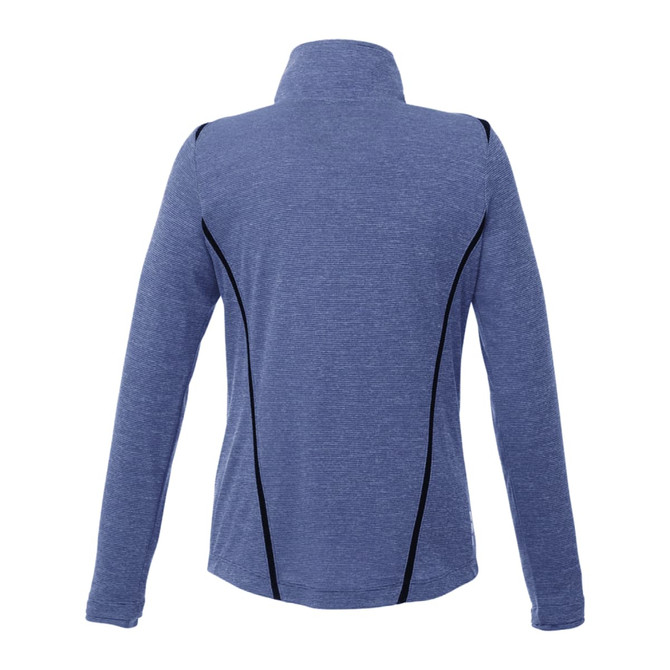 A blue half-zip jumper with a high collar and black contrast seams, featuring a logo.