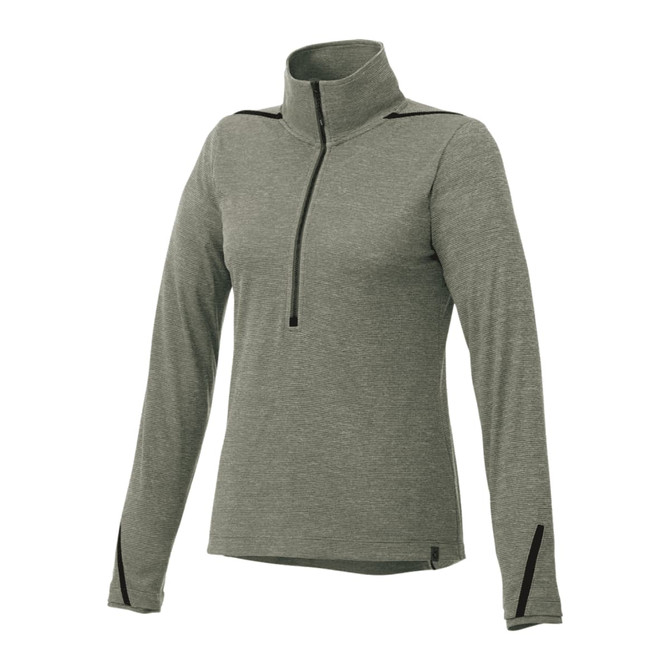 A women's half zip jumper in green eco-knit fabric, featuring long sleeves and a mock collar. It has a brand logo.