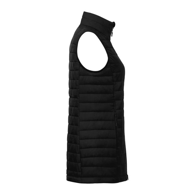 A black women's insulated puffer vest with a sleeveless design and a side zip pocket, featuring a logo.