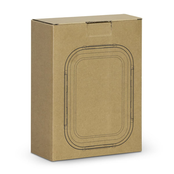 A cardboard box containing a lunch box with a simple design and a logo. The box appears to be brown in colour.