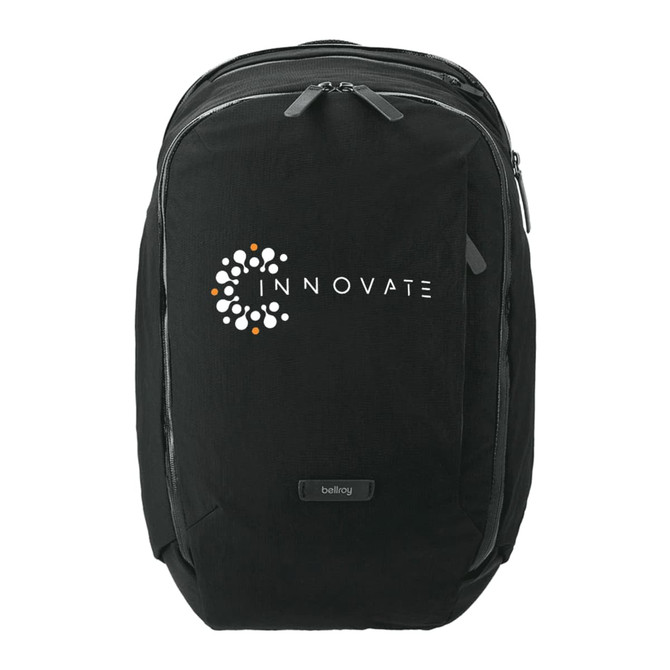 A black backpack with a logo on the front, featuring a sleek design and multiple compartments.
