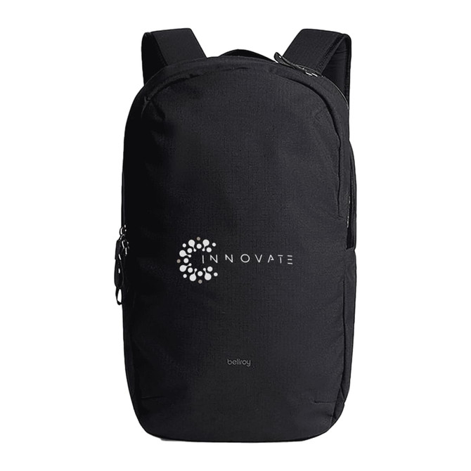 A black backpack featuring a logo on the front, designed for everyday use with adjustable straps.